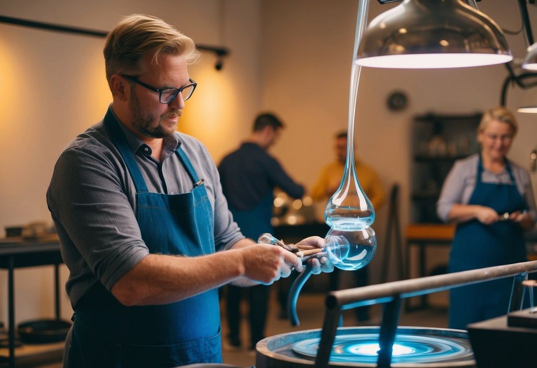 Experience kreativitet med glaspustning i Sverige Kunstneren former omhyggeligt smeltet glas og skaber indviklede designs i et glødende studie