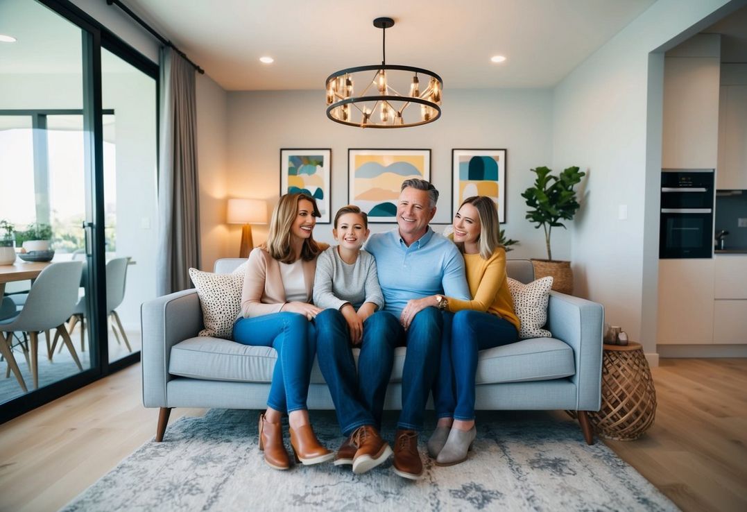 En familie nyder glædeligt et nyrenoveret hjem med moderne og stilfulde designelementer overalt En familie nyder glædeligt et nyrenoveret hjem med moderne og stilfulde designelementer overalt