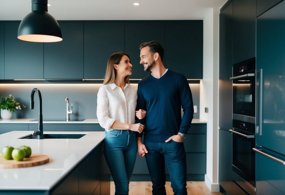 A couple står i deres moderne køkken og beundrer det slanke design der perfekt komplementerer deres hjem A couple står i deres moderne køkken og beundrer det slanke design der perfekt komplementerer deres hjem