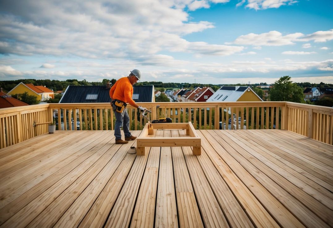 En tømrer konstruerer en smuk træterrasse i den naturskønne by Hillerød Danmark